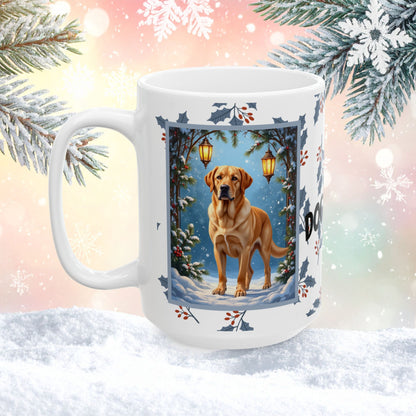 Labrador Retriever (Yellow) Winter Mug - yellow lab illustrated standing in a bright winter setting with snow