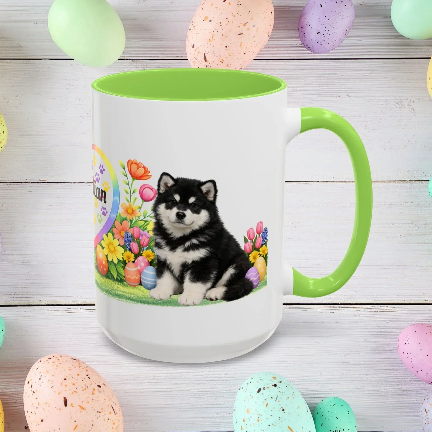 Shop our alaskan malamute black white puppy easter mug featuring the 15oz style option from MySisterIsASurvivor.