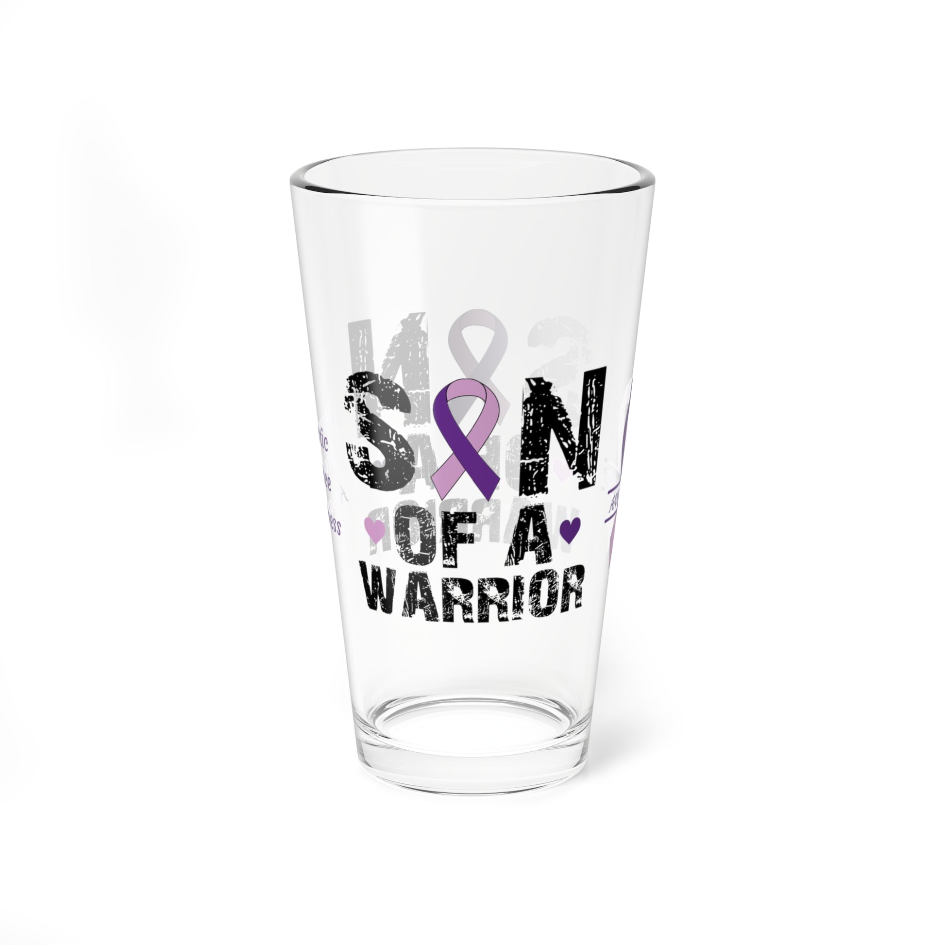 Son of a Warrior: Personalized Domestic Violence Awareness Warrior Pint Glass - Proud Family Member