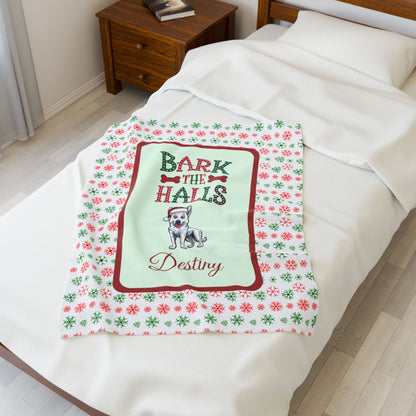 German Shepherd White personalized velveteen dog blanket Bark The Halls festive holiday throw