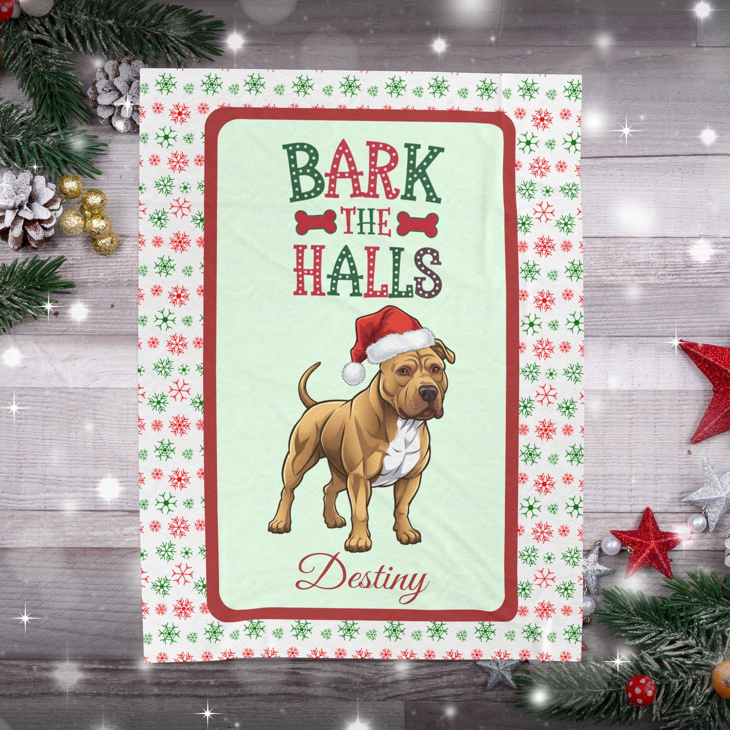 Pitbull (Buckskin) plush velveteen blanket personalized cozy Bark The Halls holiday throw gift for dog lovers