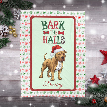 Pitbull (Buckskin) plush velveteen blanket personalized cozy Bark The Halls holiday throw gift for dog lovers