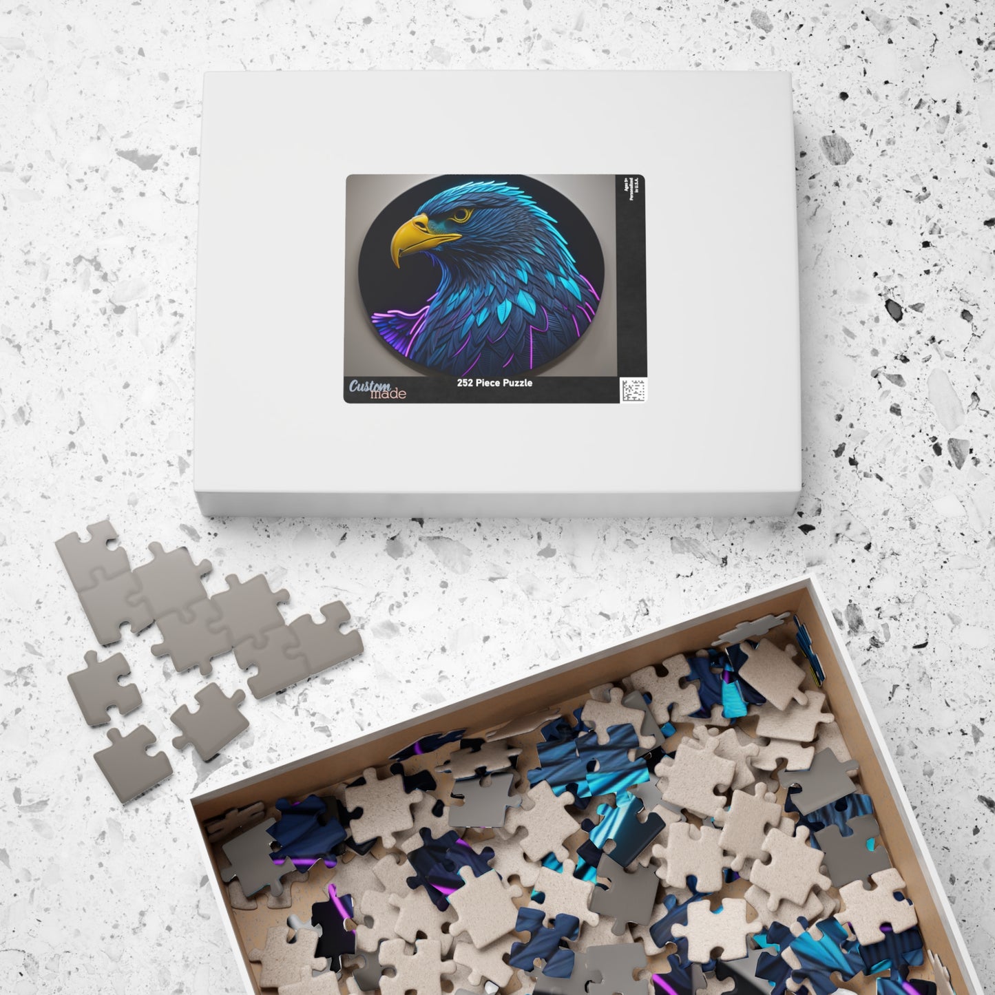 Eagle Vision Triumph - Neon Bald Eagle Portrait Puzzle with Teal and Purple Feathers on Dark Background