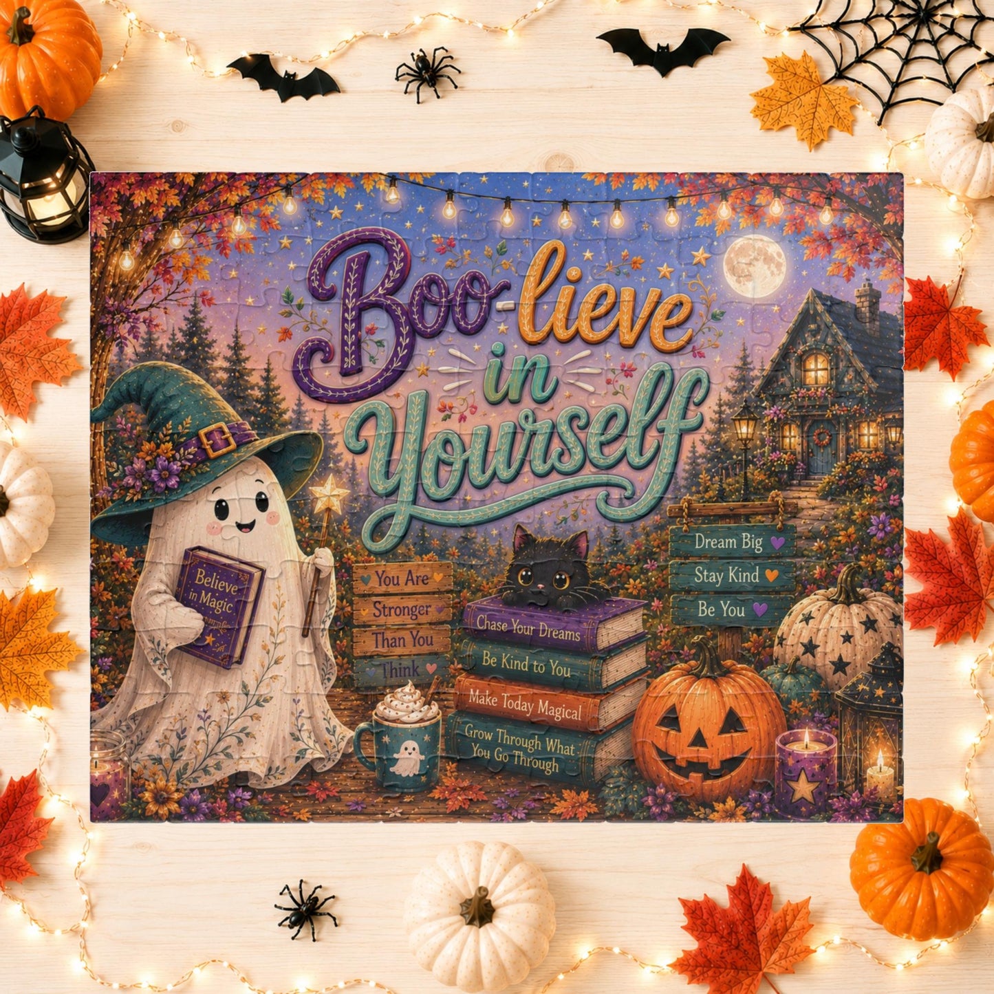 Boo-lieve in Yourself Halloween Puzzle - Ghost with Believe in Magic Book, Black Cat, and Affirmation Books