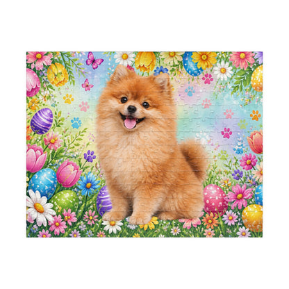 Pomeranian (Orange Sable) Easter Puppy Puzzle - Spring Garden with Eggs, Tulips, and Daisies