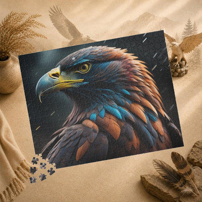 Eagle's Inspiration - Naturalistic Eagle Portrait Puzzle with Warm Brown Feathers and Stormy Background