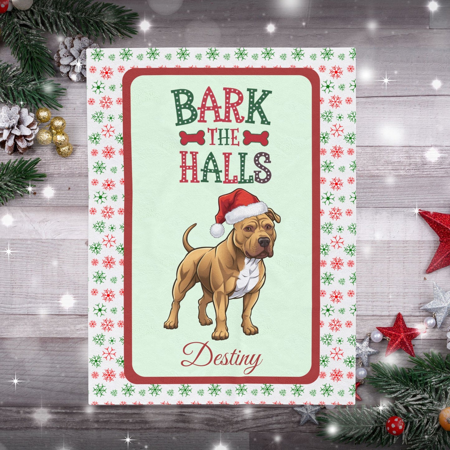 Pitbull (Buckskin) plush velveteen blanket personalized cozy Bark The Halls holiday throw gift for dog lovers
