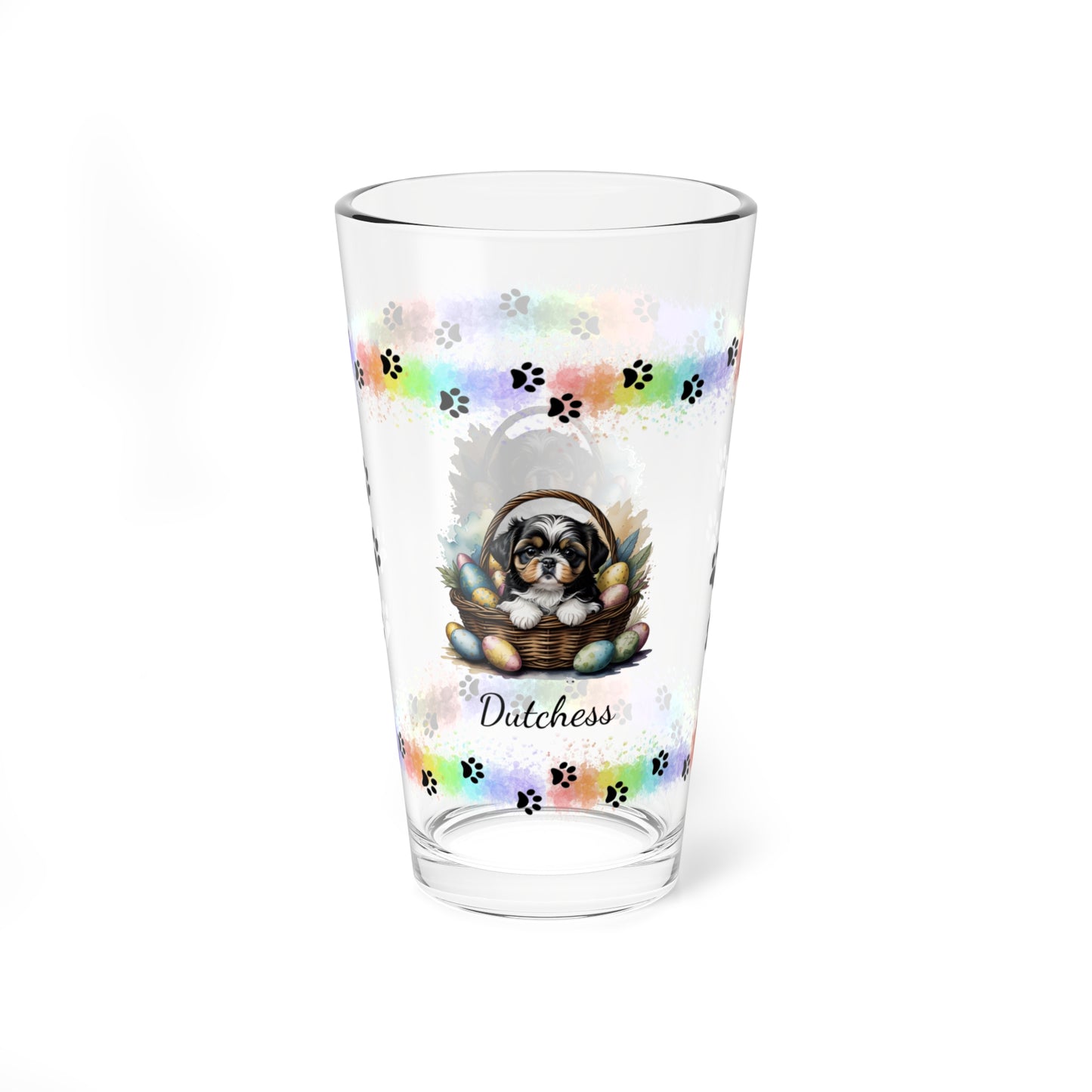 Shih Tzu (Tricolor) Personalized Easter Puppy 16oz Pint Glass - Custom Dog Design, Mental Health Gift, Easter Décor, and Festive Celebrations