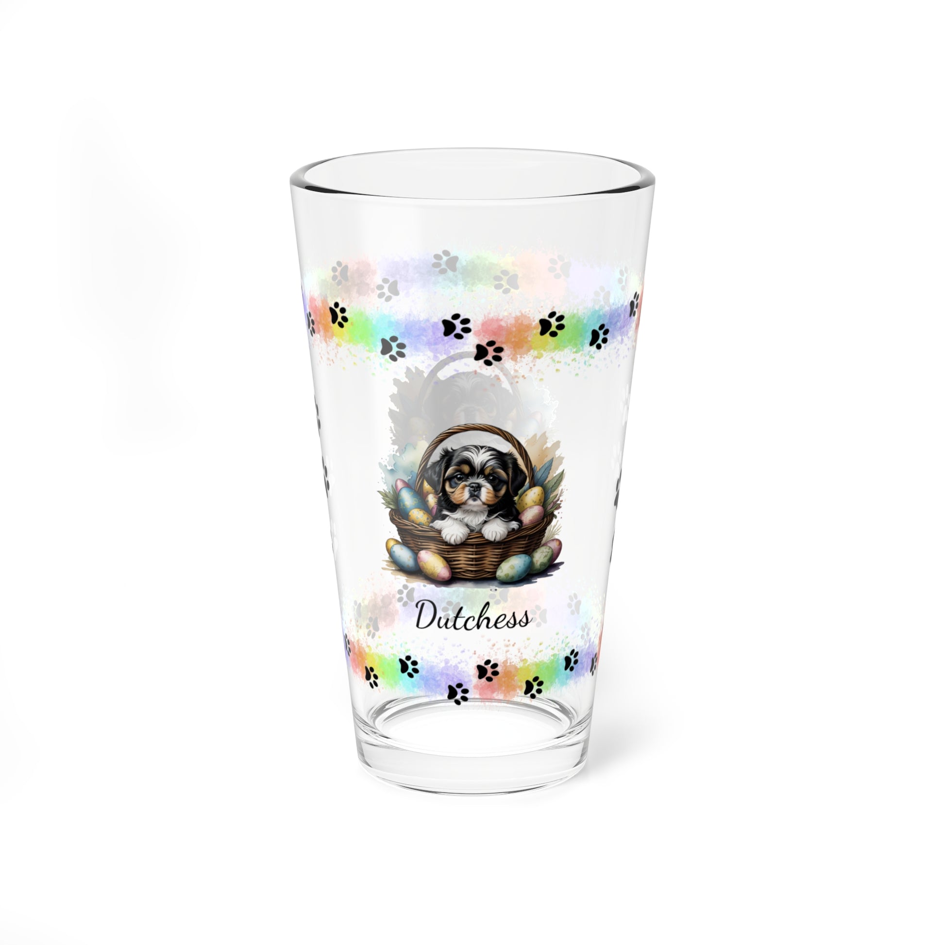 Shih Tzu (Tricolor) Personalized Easter Puppy 16oz Pint Glass - Custom Dog Design, Mental Health Gift, Easter Décor, and Festive Celebrations