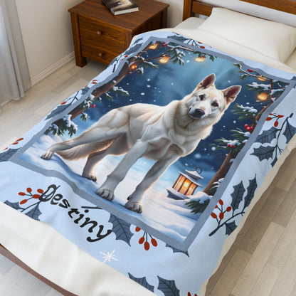 German Shepherd White personalized winter throw featuring a white German Shepherd in a bright lodge winter setting
