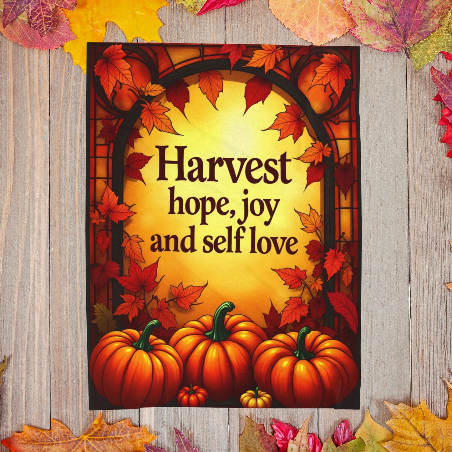 Inspirational blanket with “Harvest Hope, Joy, and Self-Love,” cozy Thanksgiving mindfulness design.