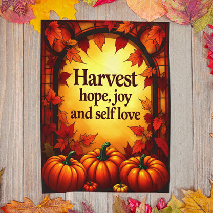 Inspirational blanket with “Harvest Hope, Joy, and Self-Love,” cozy Thanksgiving mindfulness design.