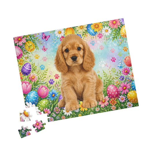 American Cocker Spaniel (Golden) Easter Puppy Puzzle - Spring Garden with Eggs, Tulips, and Daisies