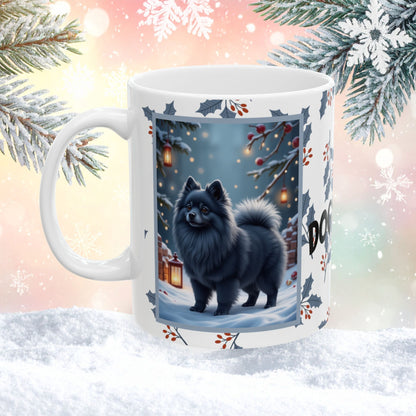 Pomeranian (Blue) Winter Mug - blue pomeranian illustrated standing in a winter scene with soft snow