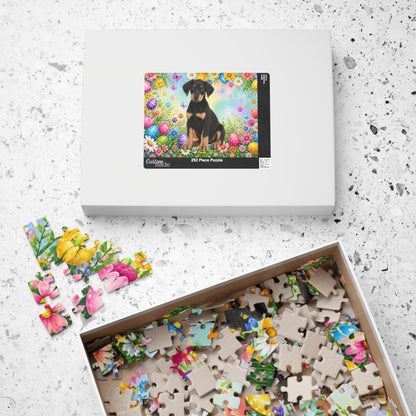 Doberman (Black & Tan) Easter Puppy Puzzle - Spring Garden with Eggs, Tulips, and Daisies