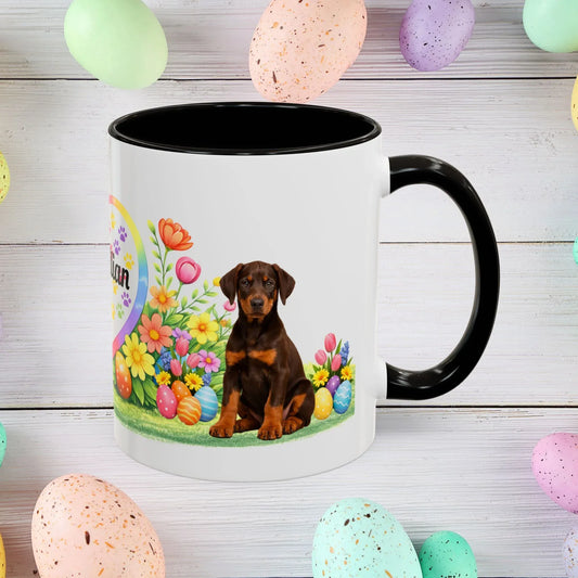 Shop our doberman red rust puppy easter mug featuring the 11oz style option from MySisterIsASurvivor.