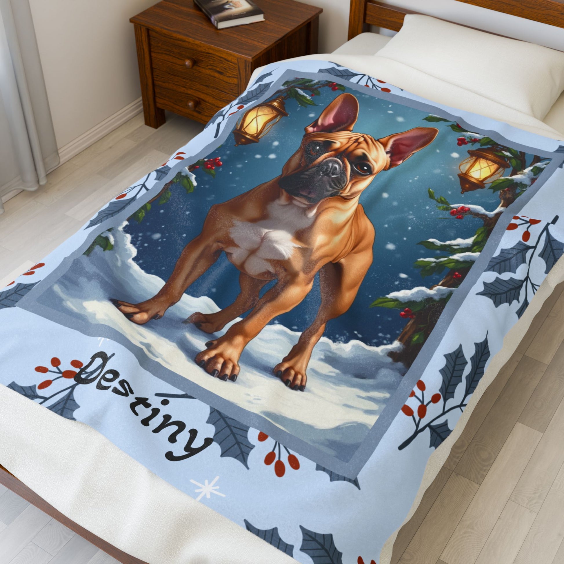 French Bulldog Fawn custom winter blanket showing a French Bulldog in a cheerful illustrated winter lodge setting
