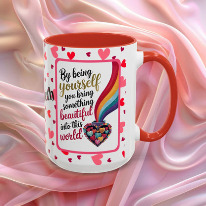 By Being Yourself Valentines mug featuring encouraging words, self love Valentine coffee cup design