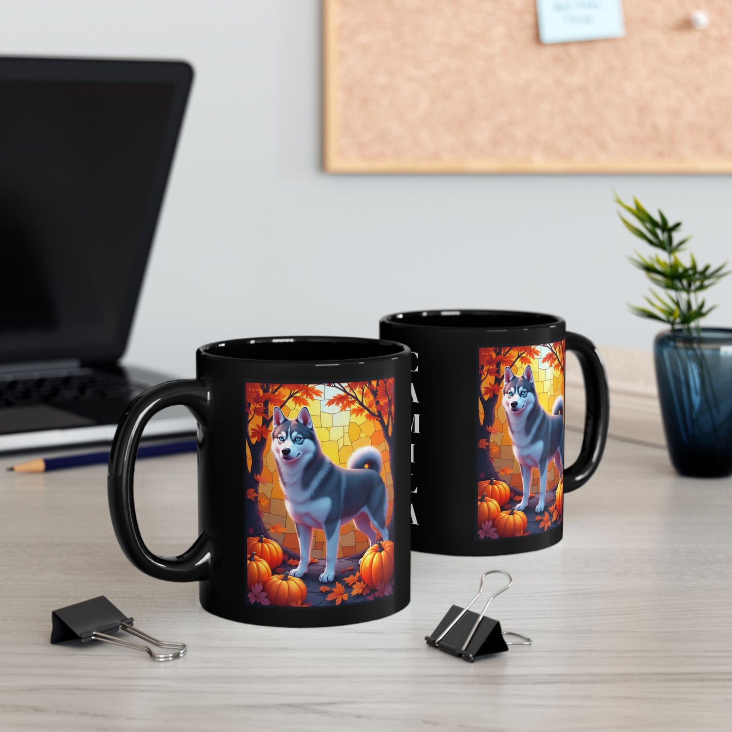 Dark Grey Siberian Husky (Blue Eyes) fall mug, custom dog lover gift for cozy seasonal drinks
