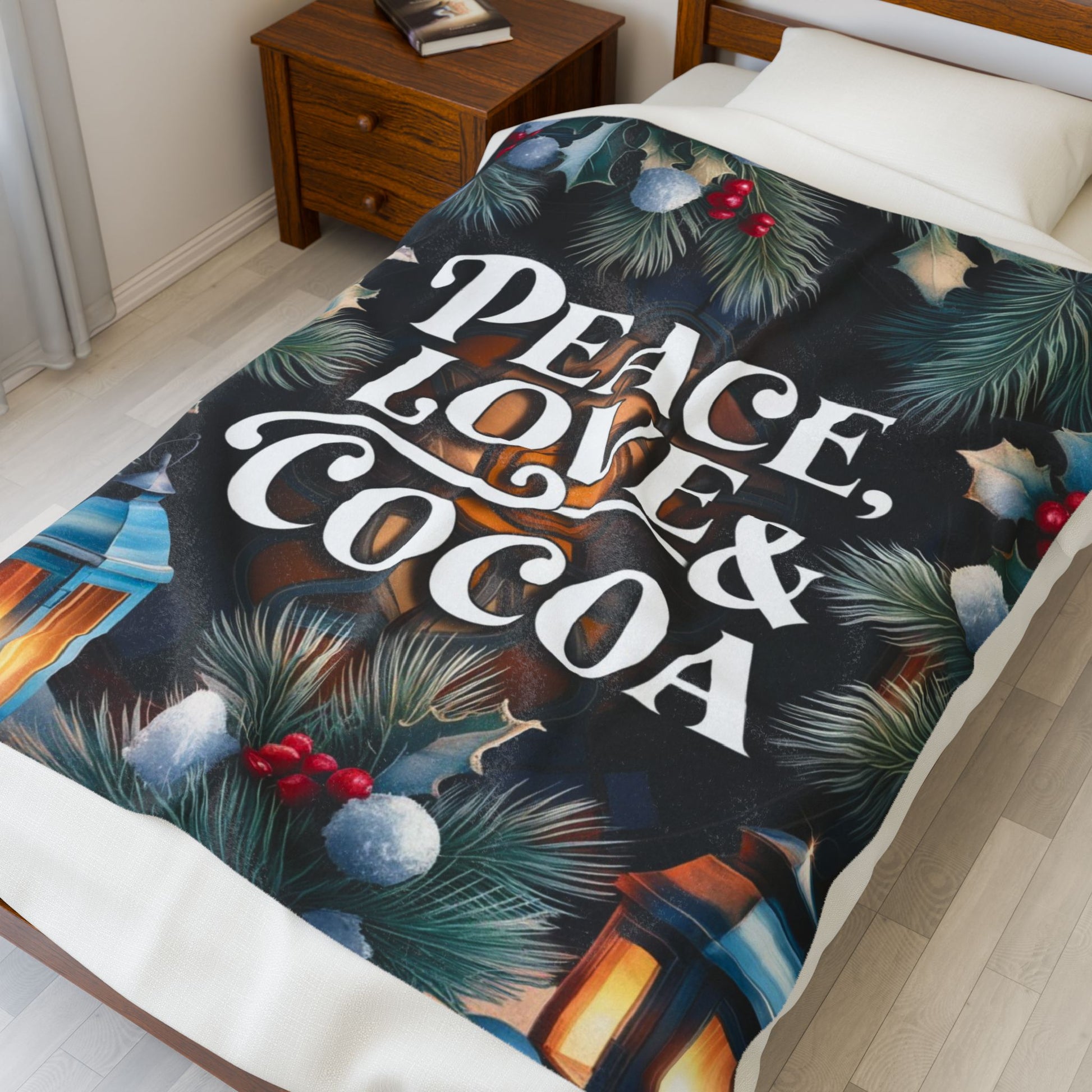 Cozy Christmas blanket “Peace, Love & Cocoa” holiday throw for warmth, relaxation, and joy