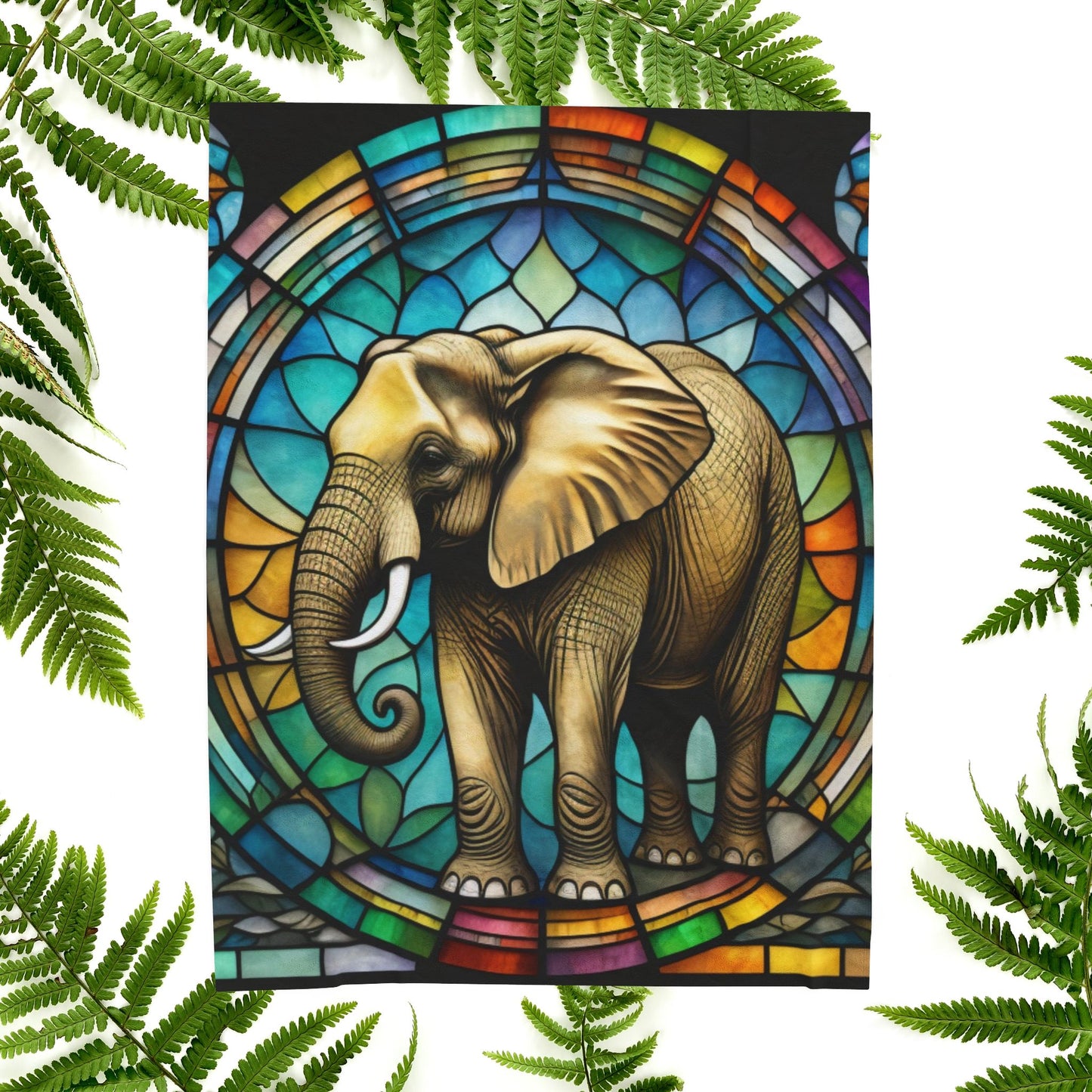 A calming elephant blanket featuring stained glass-inspired design and soothing colors.