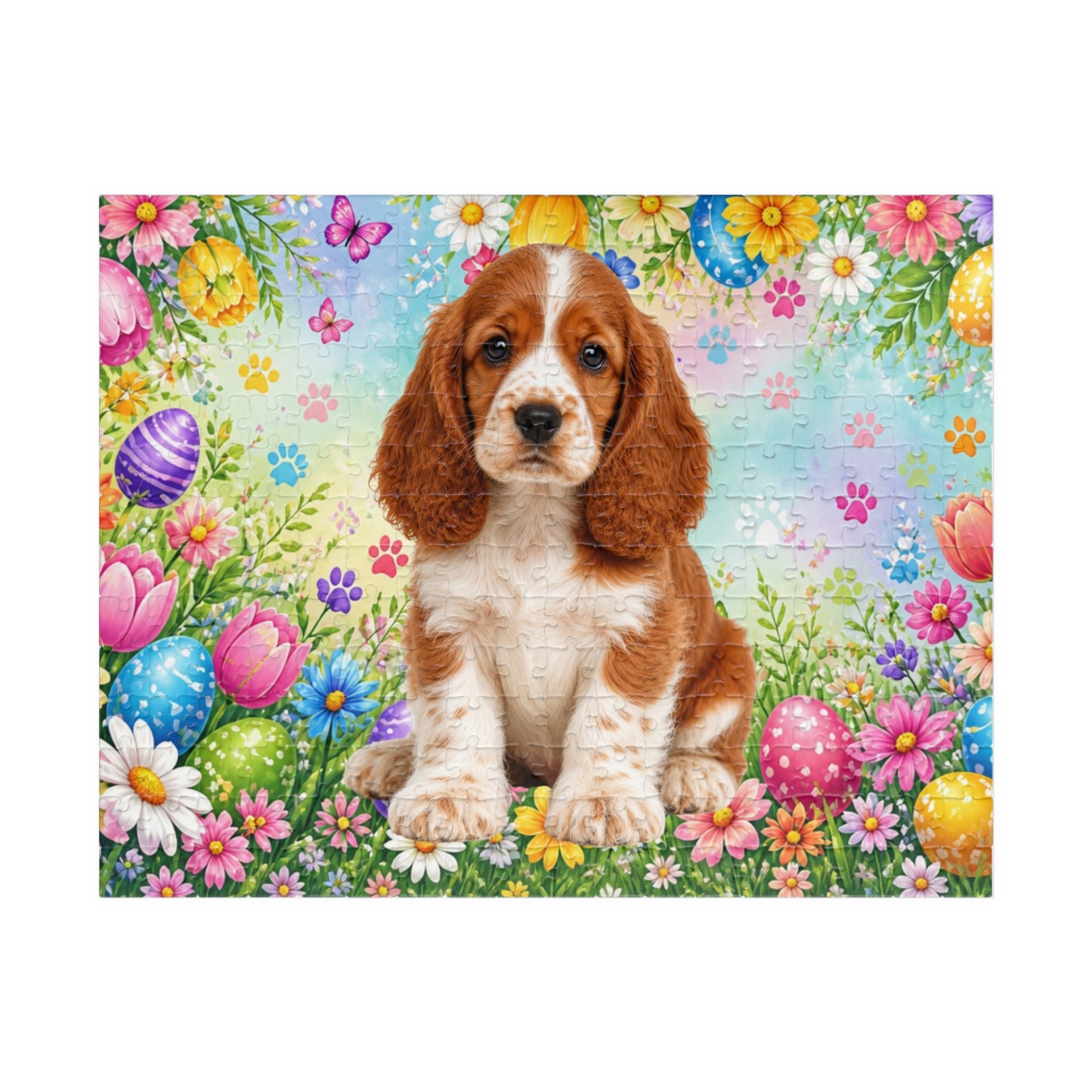 American Cocker Spaniel (Red & White) Easter Puppy Puzzle - Spring Garden with Eggs, Tulips, and Daisies