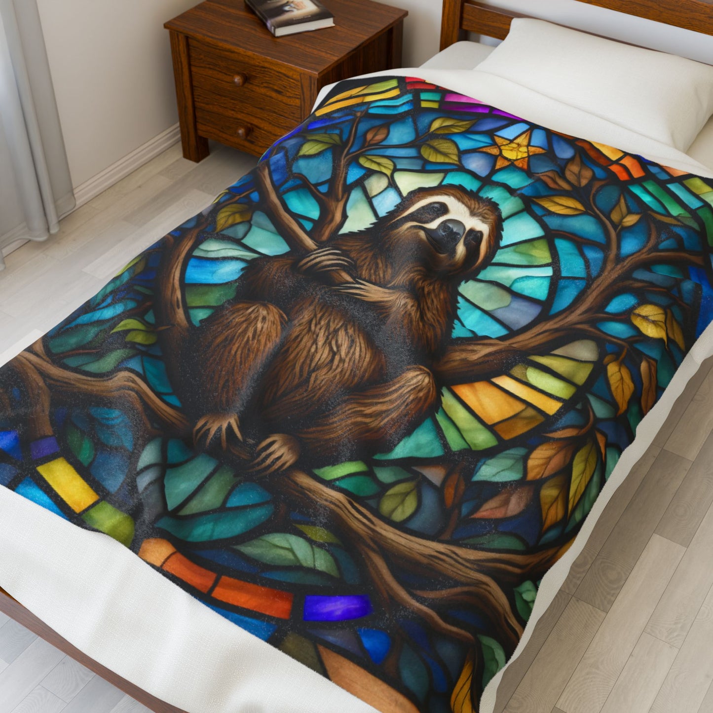 A relaxing sloth blanket with stained glass-inspired design for mindfulness and calm comfort.