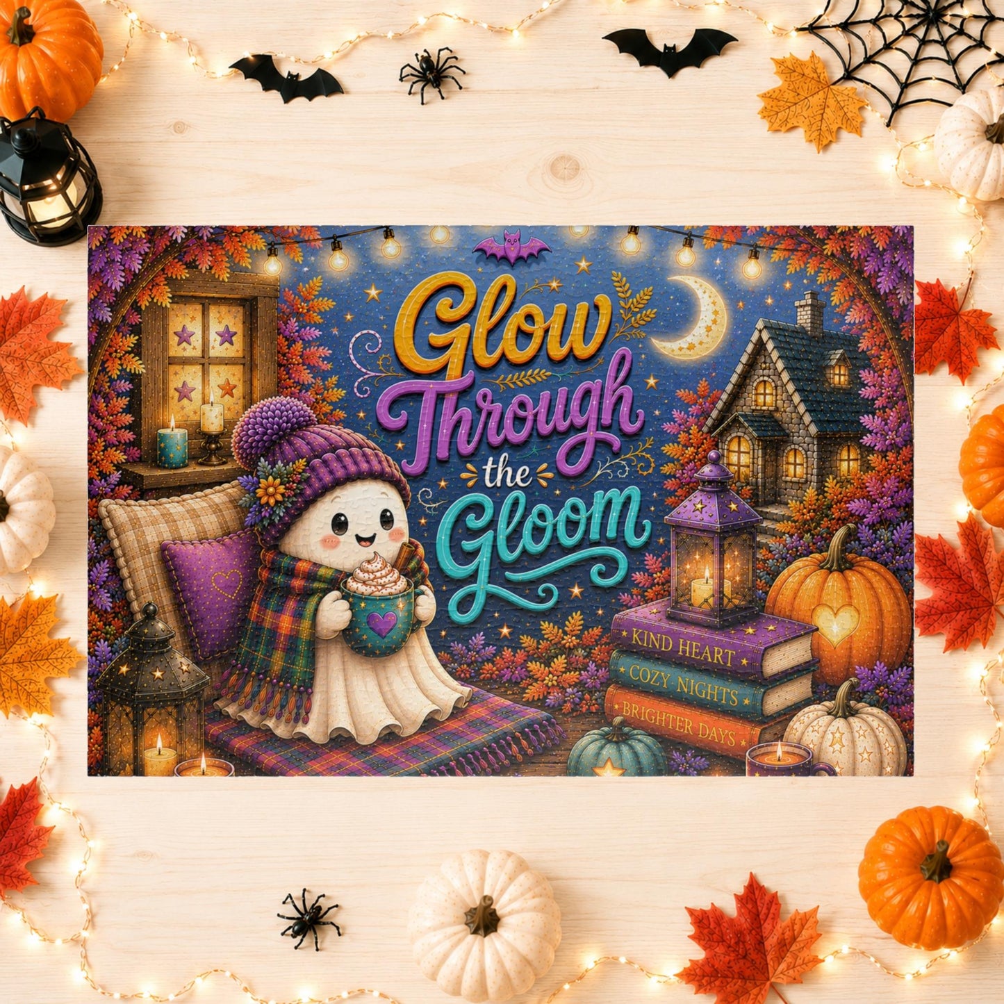 Glow Through the Gloom Halloween Puzzle - Cozy Ghost with Heart Mug, Kind Heart Books, and Cottage