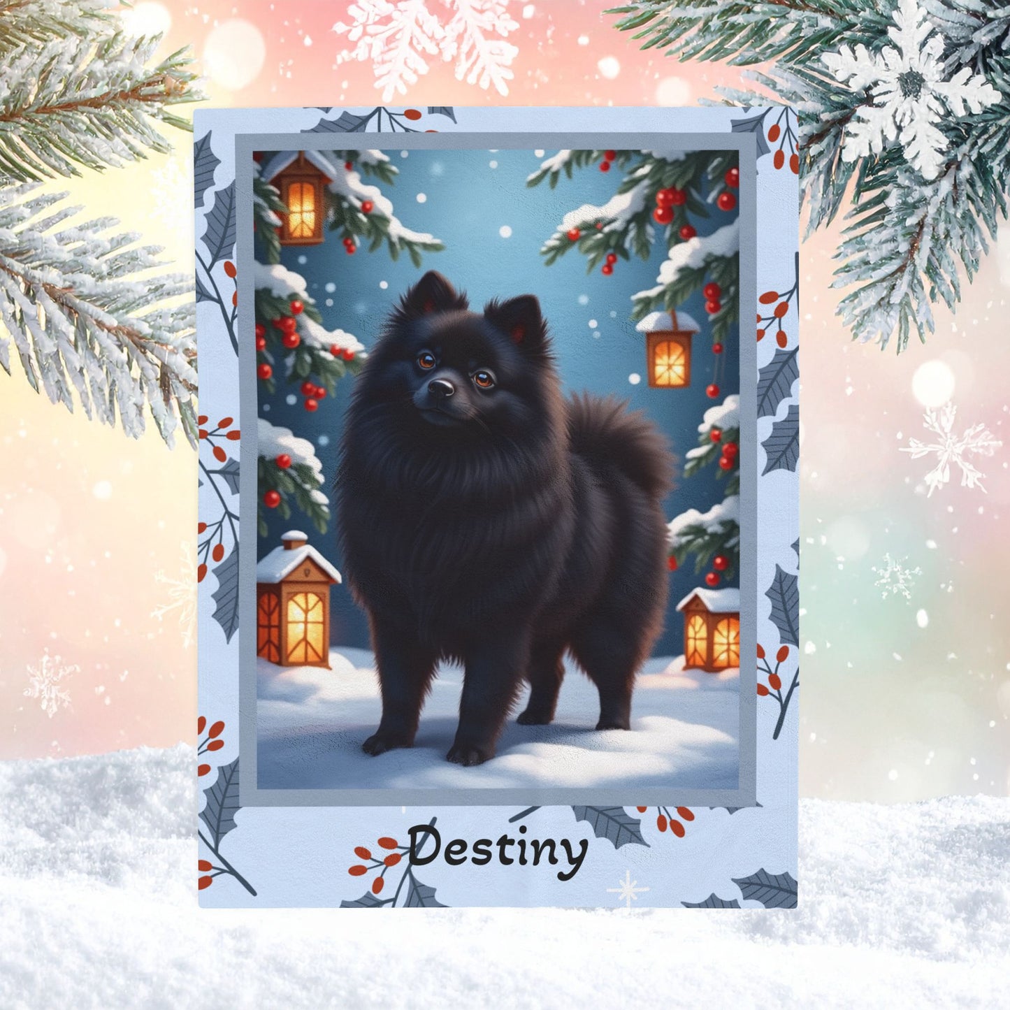 Pomeranian Black personalized winter throw with fluffy black Pom artwork in a bright snowy lodge scene