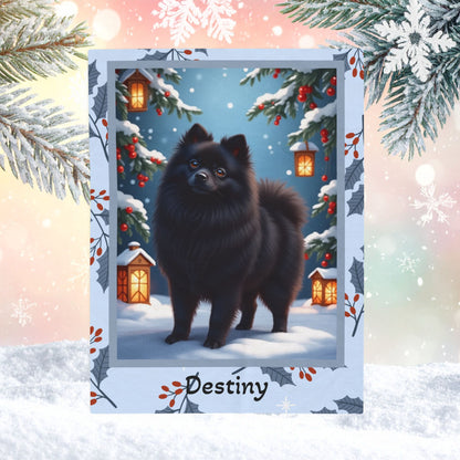 Pomeranian Black personalized winter throw with fluffy black Pom artwork in a bright snowy lodge scene