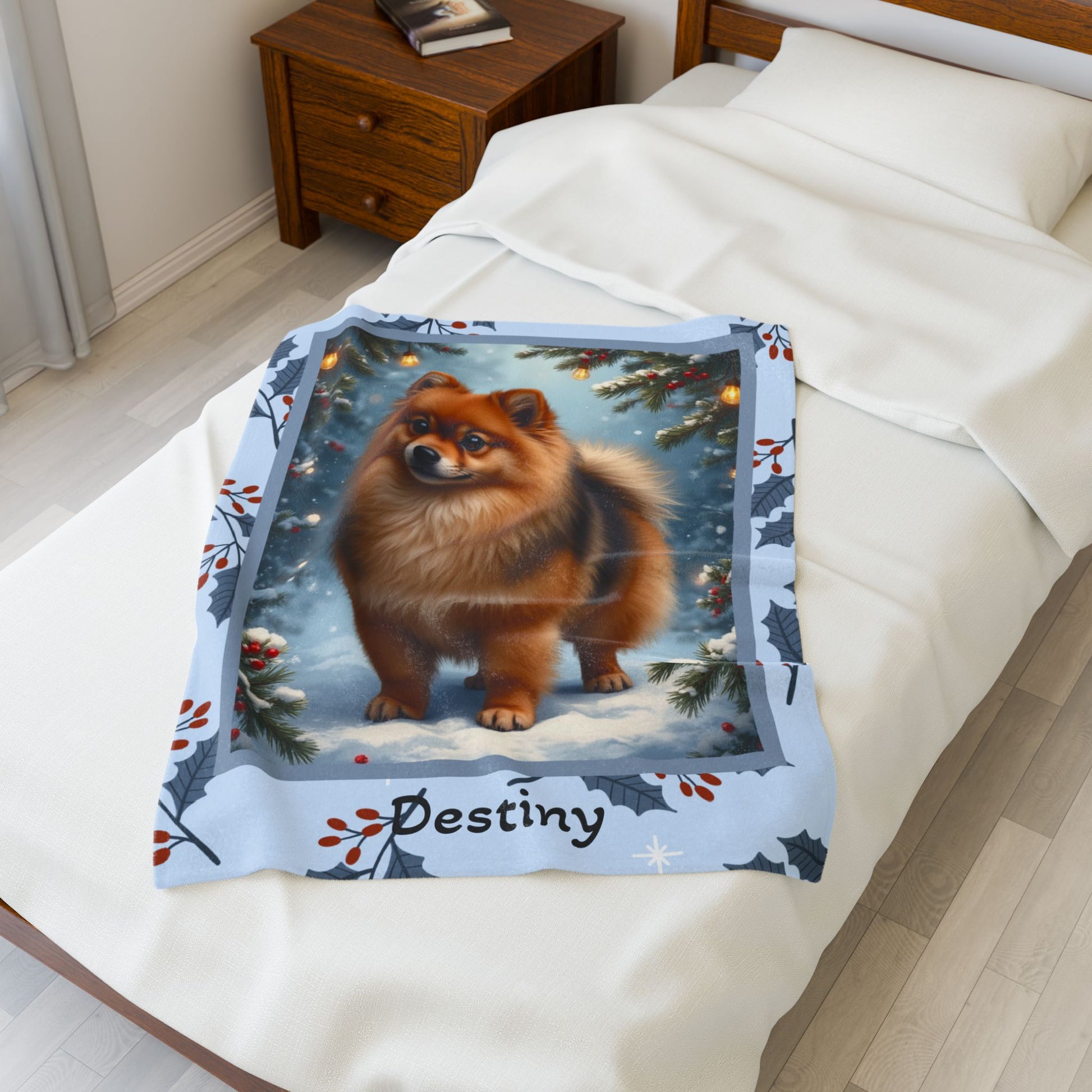 Pomeranian Orange Sable custom winter blanket showing a fluffy Pom in a bright snowy lodge illustration