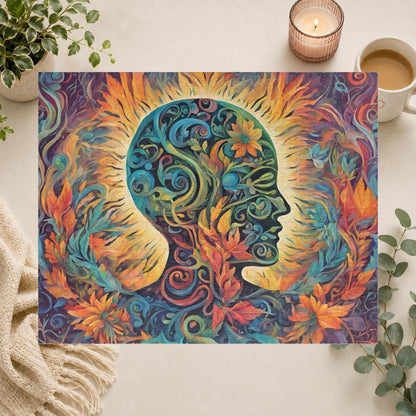 Healing the Soul - Mind-as-Garden Puzzle with Botanical Head Silhouette and Golden Halo on Autumn Leaves
