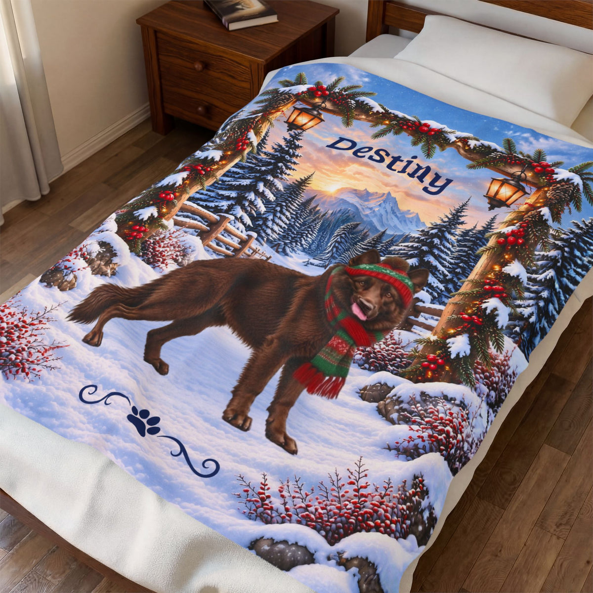 German Shepherd (Liver Coat) - Personalized Winter Woodland Throw, Custom Name Velveteen Blanket - MySisterIsAsurvor