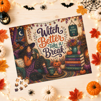 Witch Better Take a Break Halloween Puzzle - Witch in Armchair with Self Care is a Spell Pillow and Magic Books
