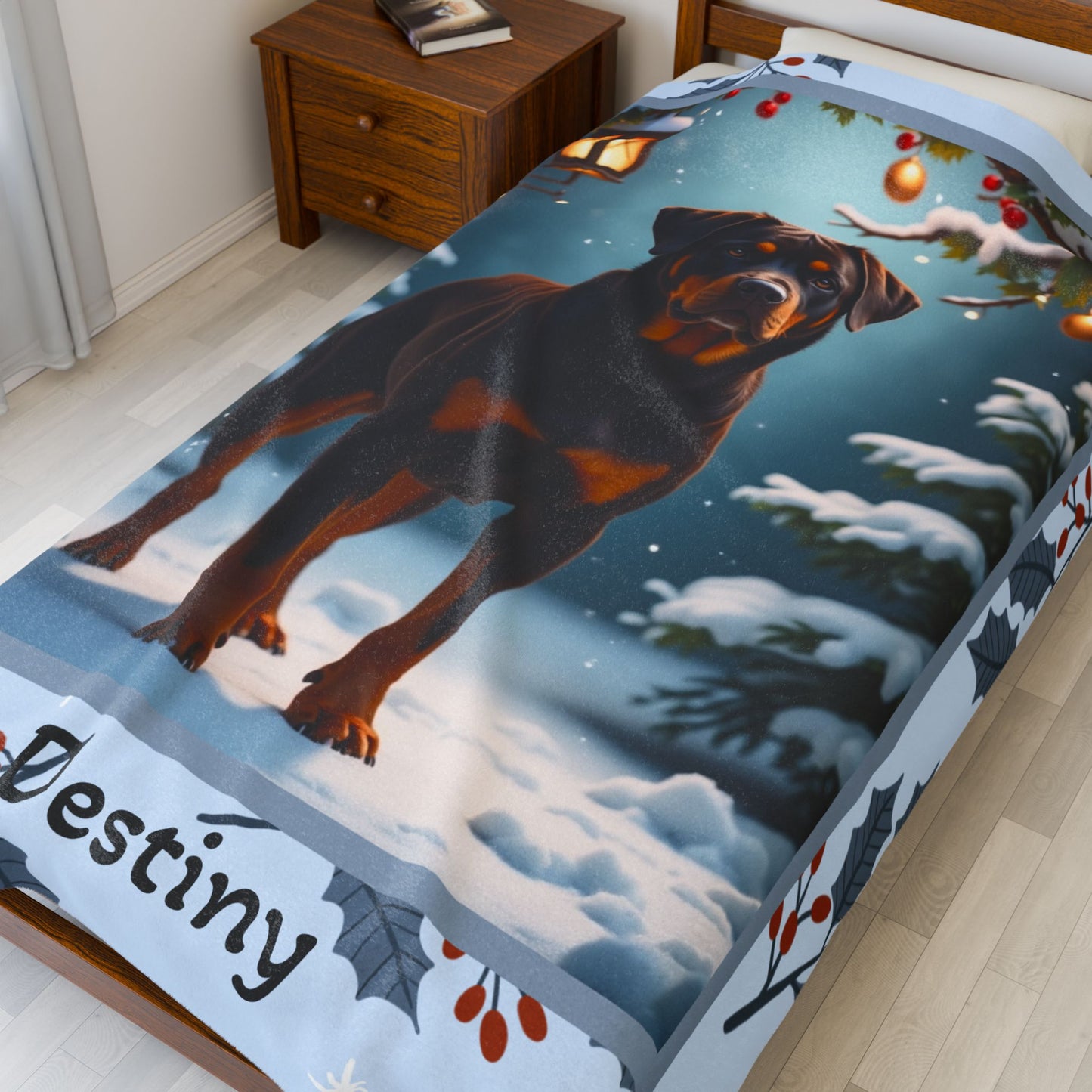 Rottweiler Chocolate personalized winter throw with a rich chocolate Rottweiler illustrated in a bright lodge setting