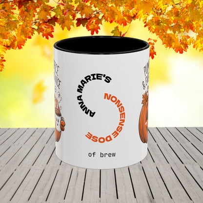 Festive Halloween coffee mug with “Pumpkin Spice & Everything Nice” phrase, promoting positivity and emotional wellness