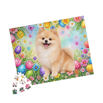 Pomeranian (Cream Sable) Easter Puppy Puzzle - Spring Garden with Eggs, Tulips, and Daisies