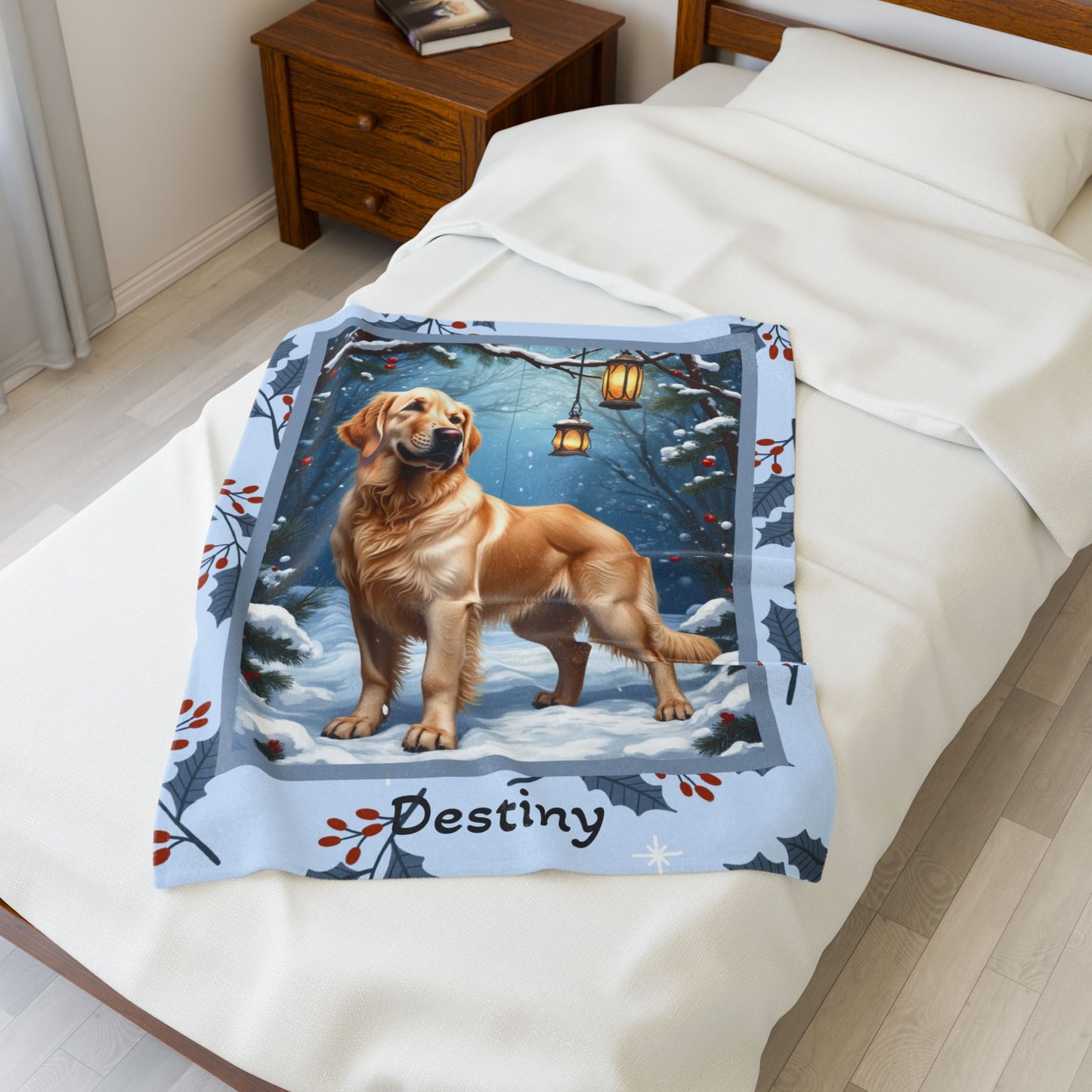 Golden Retriever Cream personalized winter throw featuring a smiling Golden Retriever in cozy snowy lodge décor