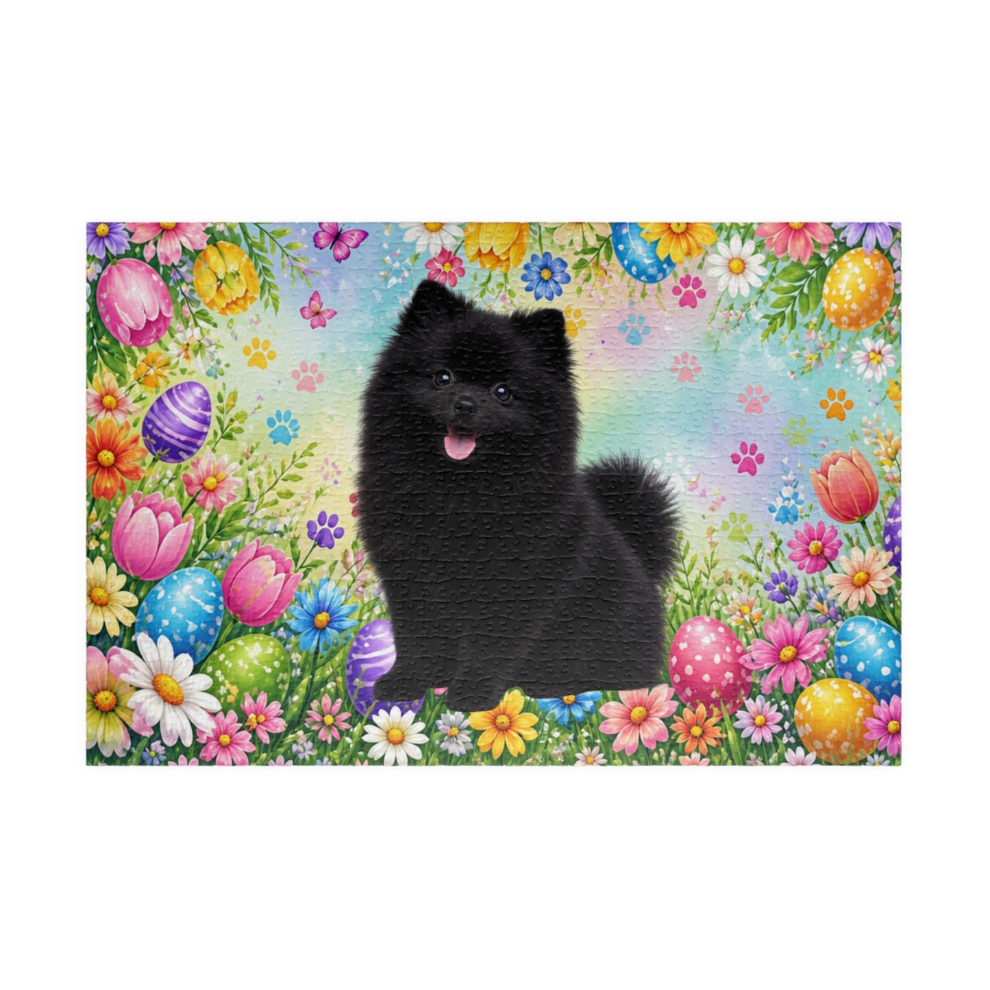 Pomeranian (Black) Easter Puppy Puzzle - Spring Garden with Eggs, Tulips, and Daisies