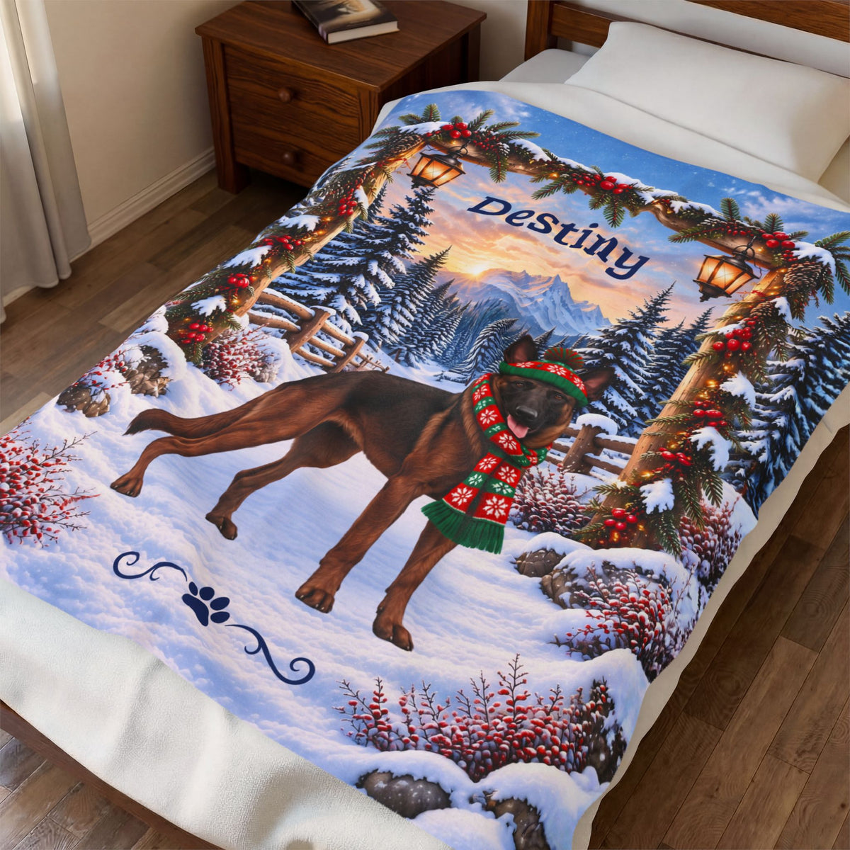 Belgian Malinois (Mahogany Sable Coat) - Custom Name Winter Lodge Blanket, Plush Mali Mom Gift