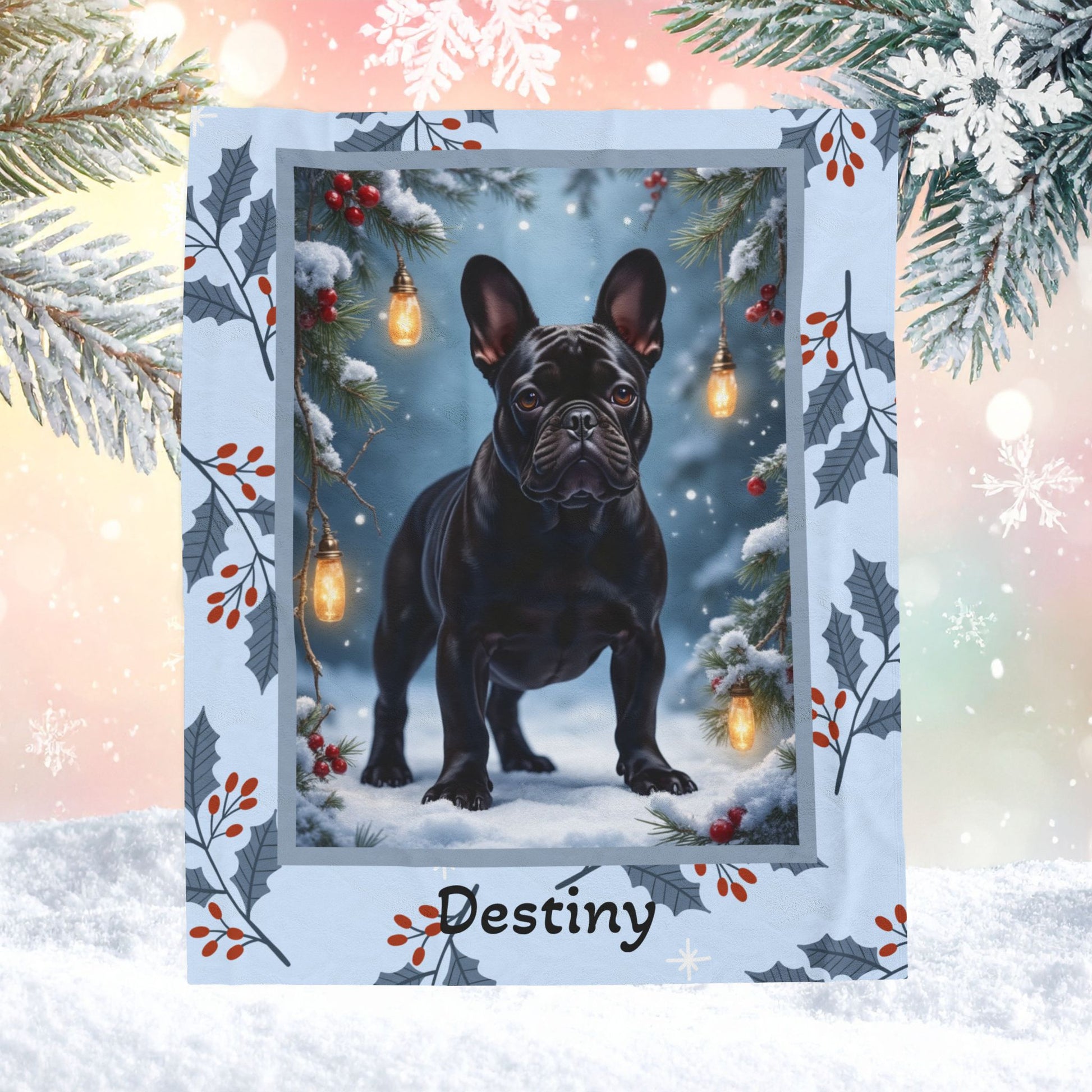 French Bulldog Black custom winter blanket featuring a charming Frenchie in a bright cozy lodge-style winter scene