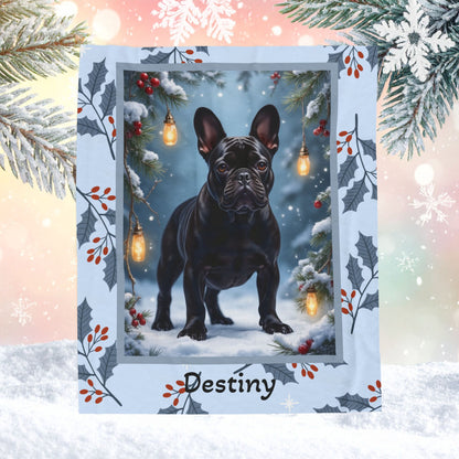 French Bulldog Black custom winter blanket featuring a charming Frenchie in a bright cozy lodge-style winter scene