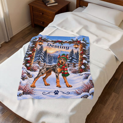 Doberman (Merle Coat) - Personalized Winter Blanket, Lantern-Lit Woodland Velveteen Throw