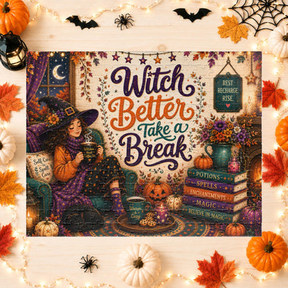 Witch Better Take a Break Halloween Puzzle - Witch in Armchair with Self Care is a Spell Pillow and Magic Books