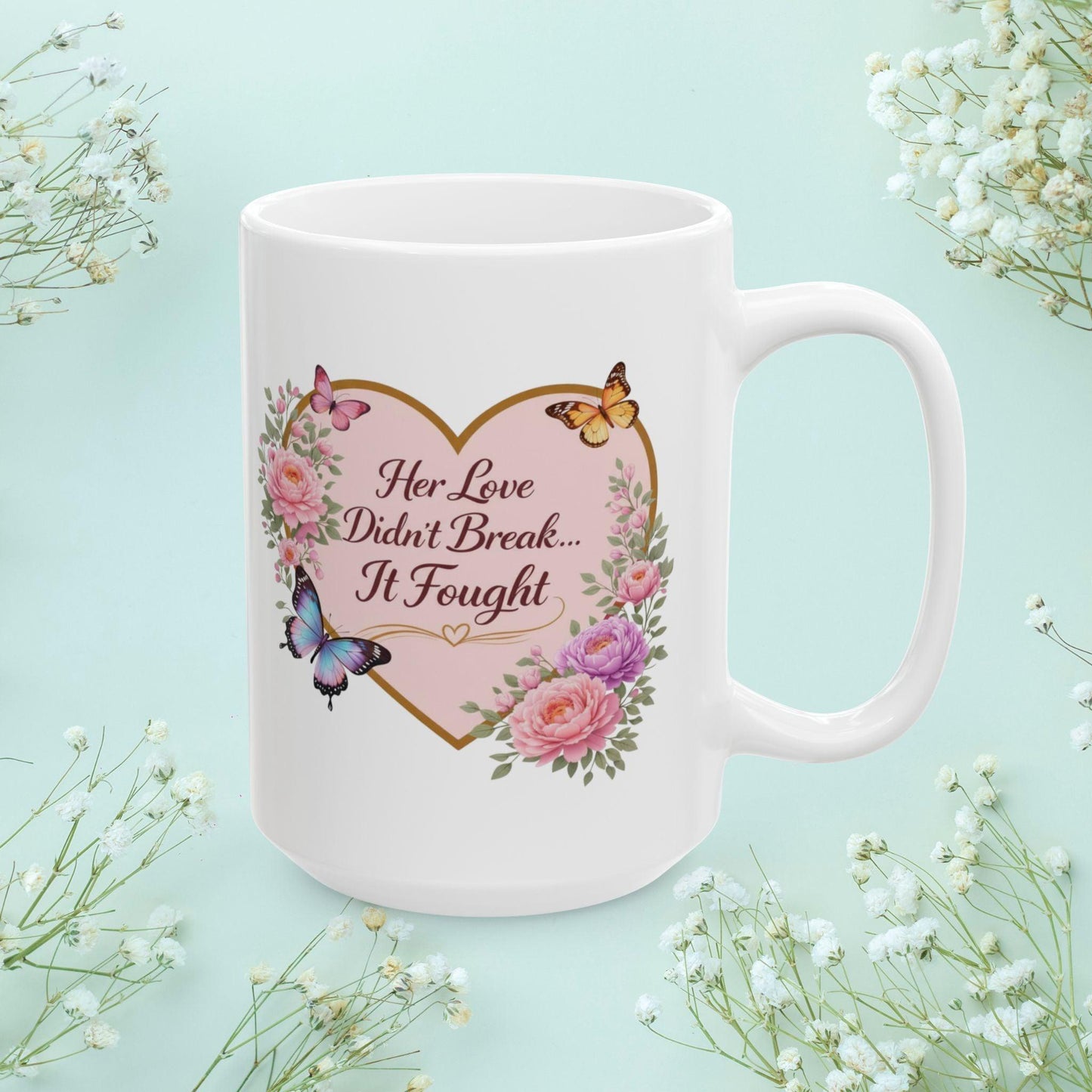 Shop our premium her love didnt break it fought mug from MySisterIsASurvivor.