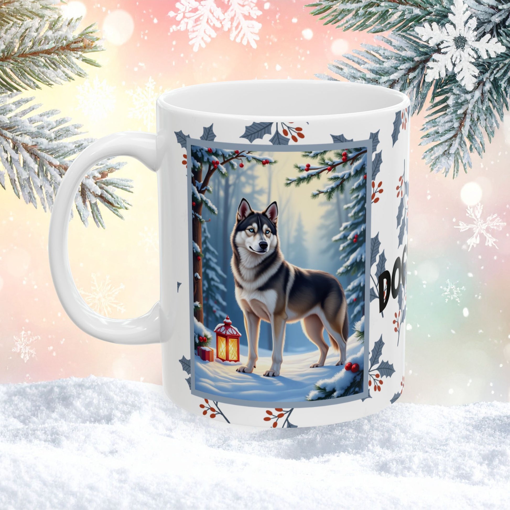 Husky (Wolf Grey) Winter Mug - wolf grey husky artwork standing in a winter setting with pine branches