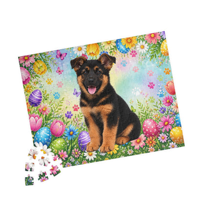 German Shepherd (Black & Red) Easter Puppy Puzzle - Spring Garden with Eggs, Tulips, and Daisies