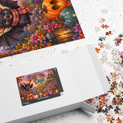Bat-ter Days Ahead Halloween puzzle featuring cheerful bat artwork, heart pumpkins, and a cozy cottage scene