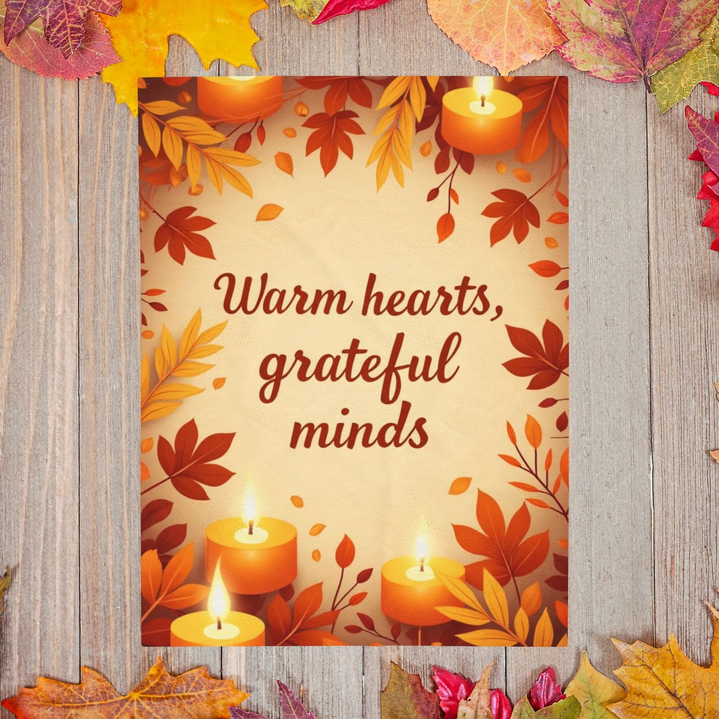 Cozy fall blanket with “Warm Hearts, Grateful Minds,” mindfulness-inspired autumn home décor.