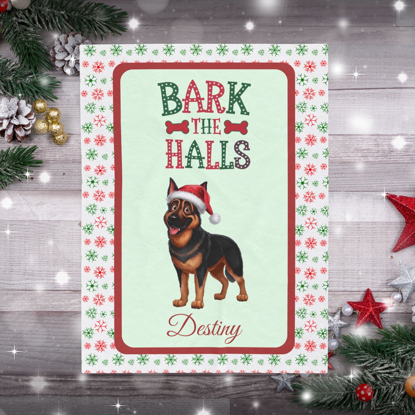 German Shepherd (Black & Rust) Plush Velveteen Blanket - Festive Bark The Halls dog throw, custom gift